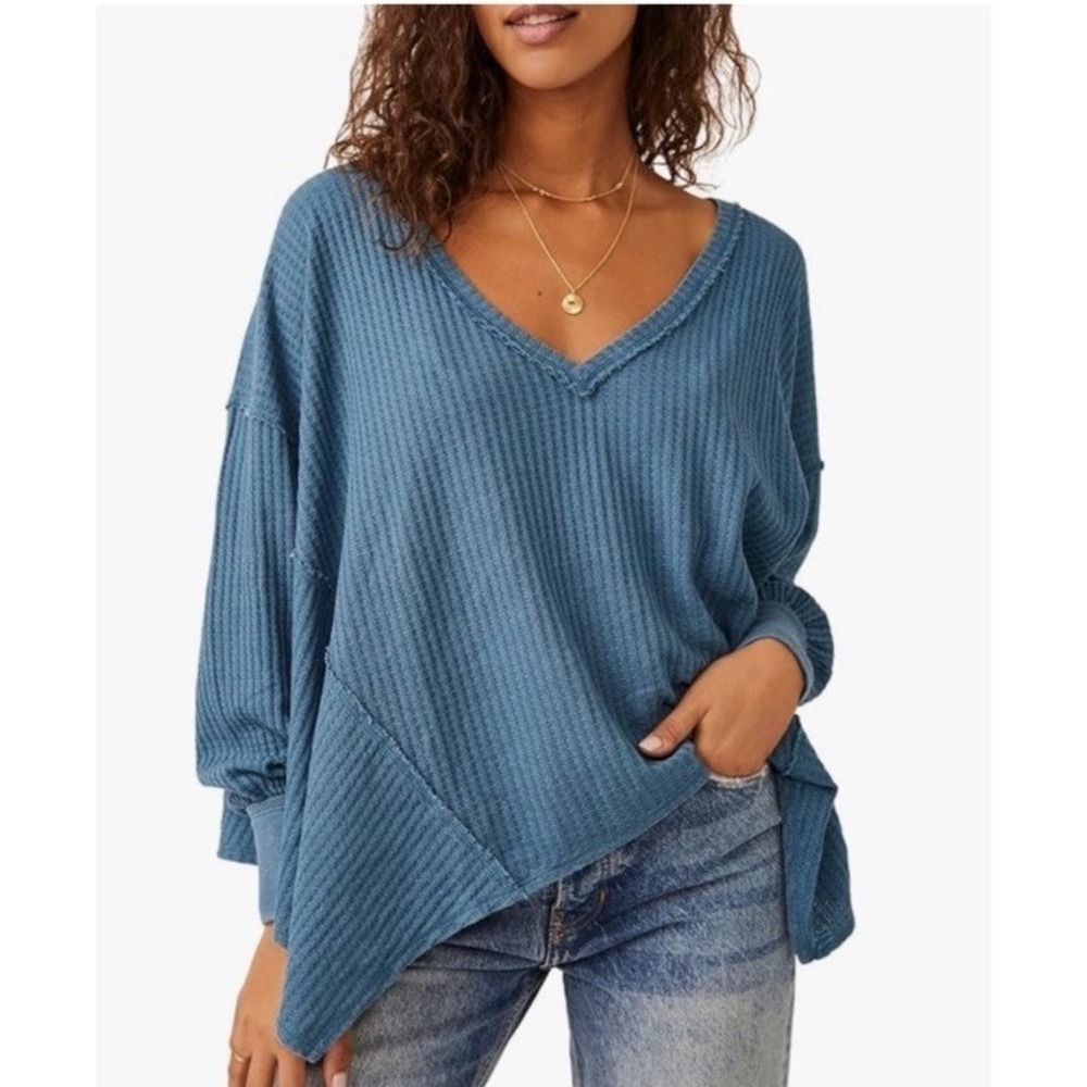 WE THE FREE People Coraline Blue V Neck Thermal Top XS Boxy Oversized Boho